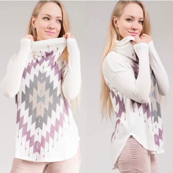 Fashinomics Sweaters - Cowl Turtle Neck Aztec Hi/Lo Sides Sweater